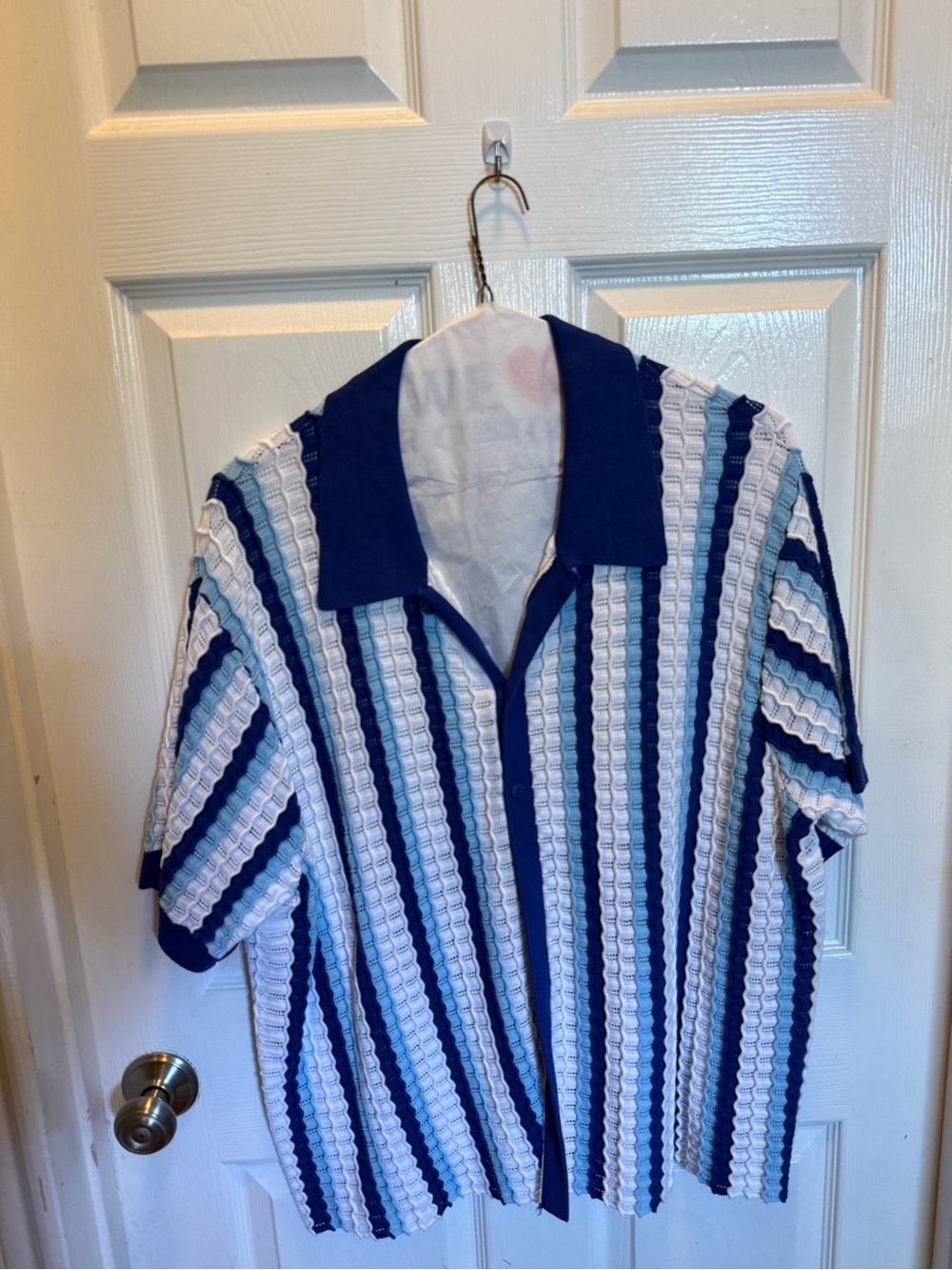 Original Use Blue and White Vertical Stripe Short-Sleeve Button Shirt